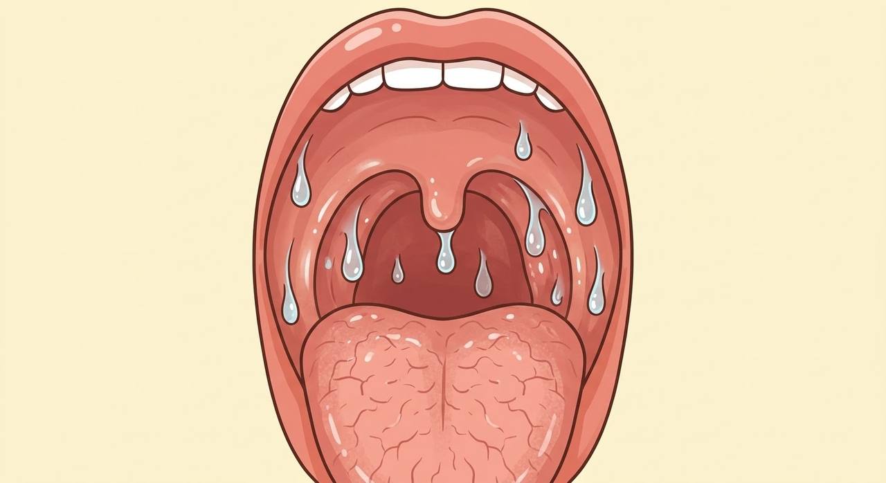 口を大きく開けたイラスト。粘膜に唾液のしずくがつき、舌の表面は乾いてひび割れた様子(口の乾き・唾液の減少)